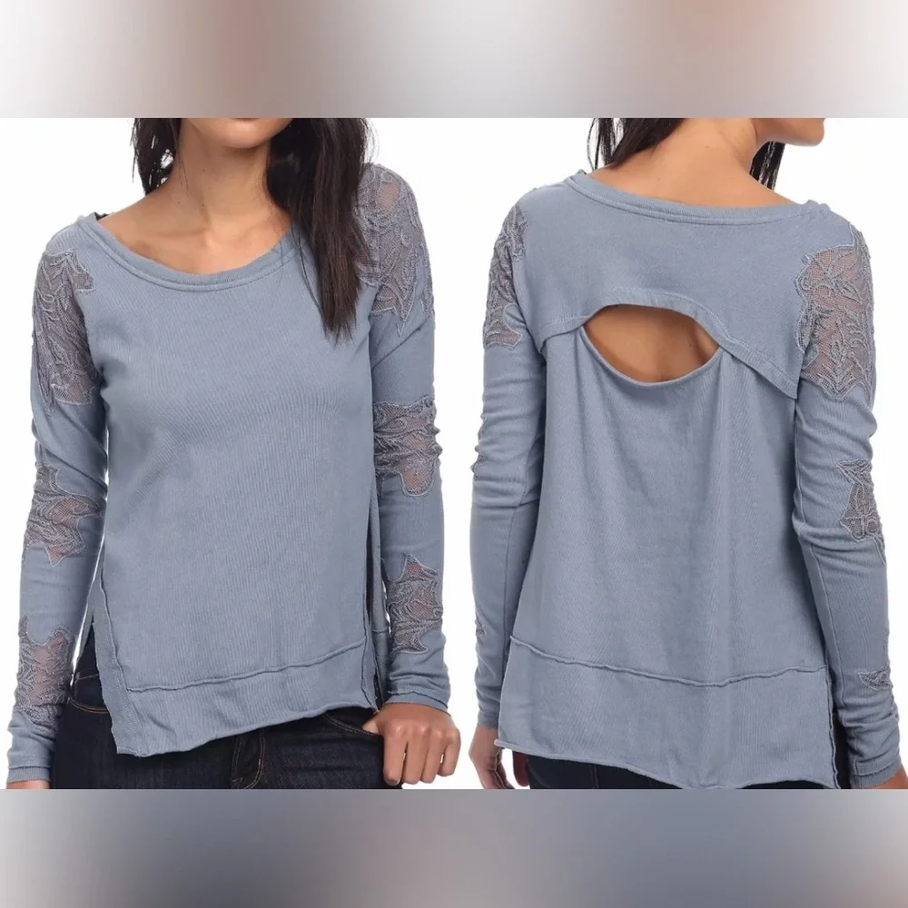 Free People Blue Gray Grandpa Jersey Outer Sunset Top Sz Small Lace Mesh Boho LS